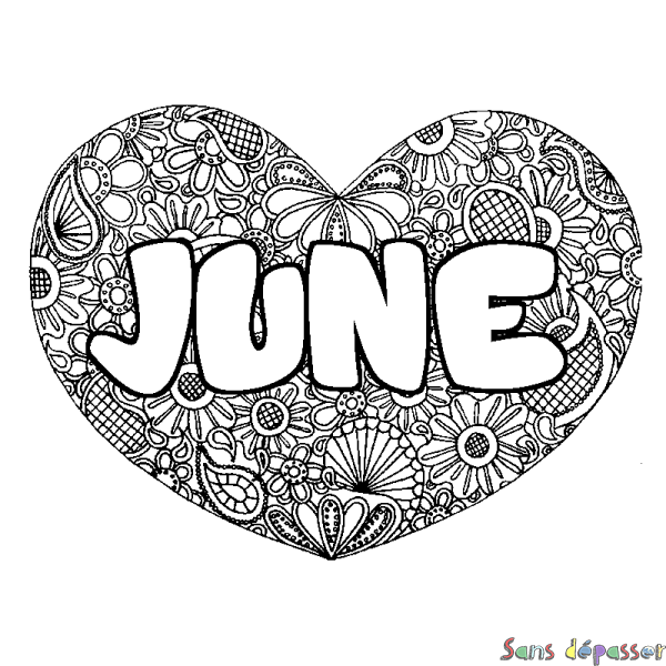 Coloriage pr&eacute;nom JUNE - d&eacute;cor Mandala coeur
