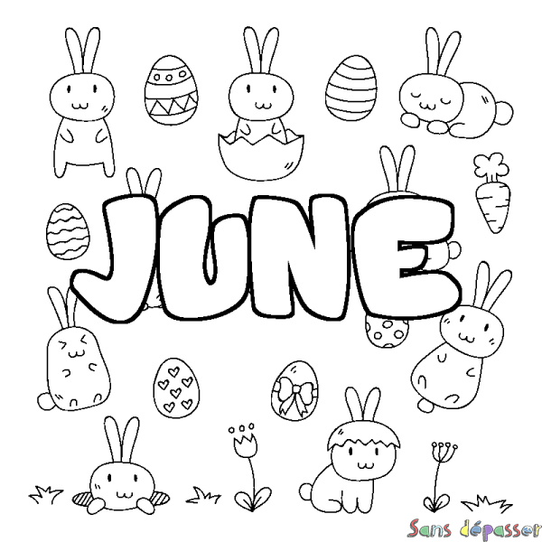 Coloriage pr&eacute;nom JUNE - d&eacute;cor Paques