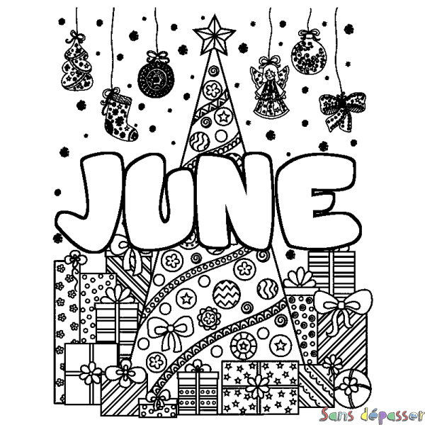 Coloriage pr&eacute;nom JUNE - d&eacute;cor Sapin et Cadeaux