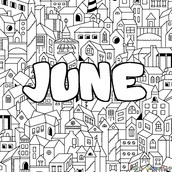 Coloriage pr&eacute;nom JUNE - d&eacute;cor Ville