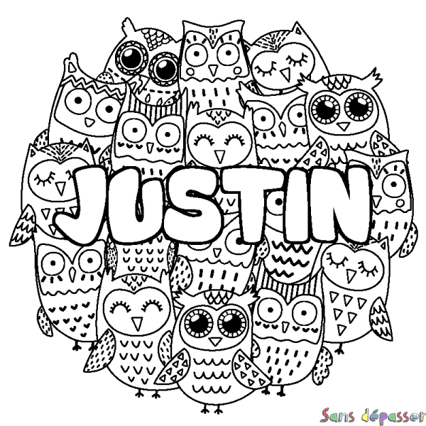 Coloriage pr&eacute;nom JUSTIN - d&eacute;cor Chouettes