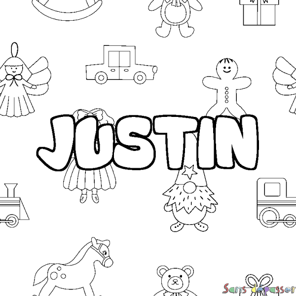 Coloriage pr&eacute;nom JUSTIN - d&eacute;cor Jouets