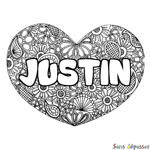 Coloriage pr&eacute;nom JUSTIN - d&eacute;cor Mandala coeur