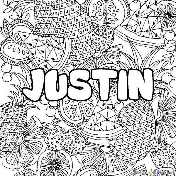Coloriage pr&eacute;nom JUSTIN - d&eacute;cor Mandala fruits