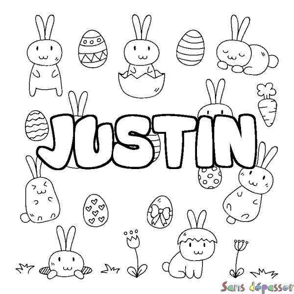 Coloriage pr&eacute;nom JUSTIN - d&eacute;cor Paques