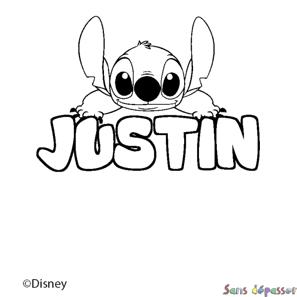 Coloriage pr&eacute;nom JUSTIN - d&eacute;cor Stitch