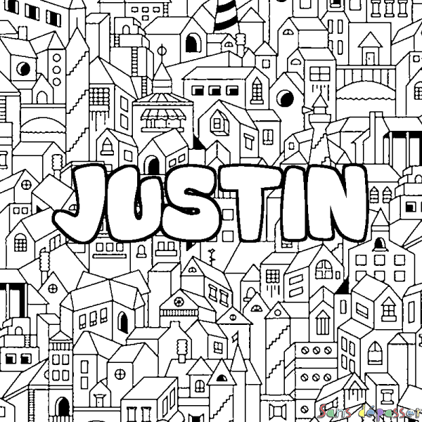 Coloriage pr&eacute;nom JUSTIN - d&eacute;cor Ville