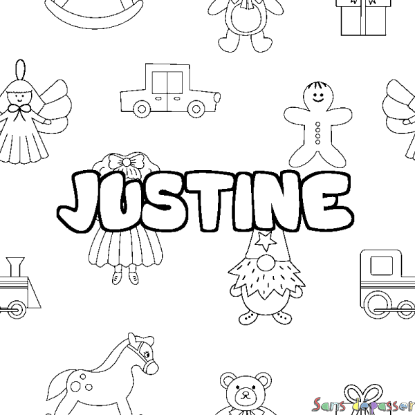 Coloriage pr&eacute;nom JUSTINE - d&eacute;cor Jouets