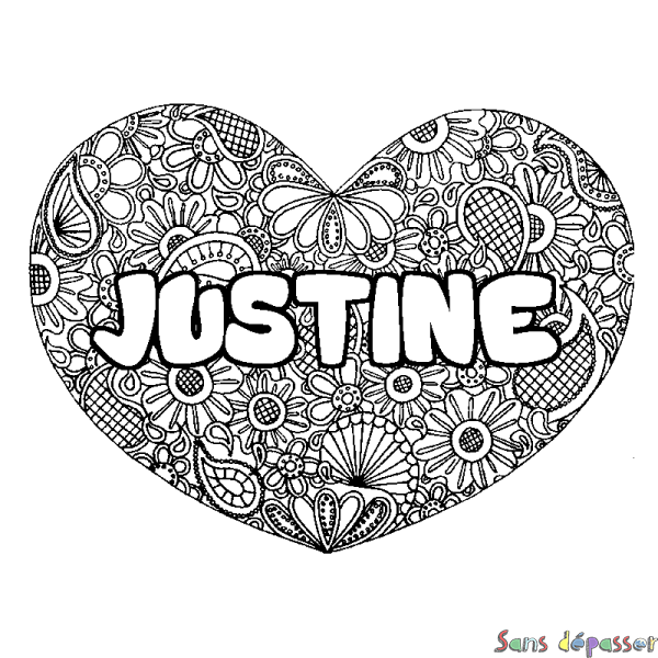 Coloriage pr&eacute;nom JUSTINE - d&eacute;cor Mandala coeur