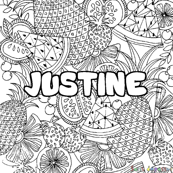 Coloriage pr&eacute;nom JUSTINE - d&eacute;cor Mandala fruits