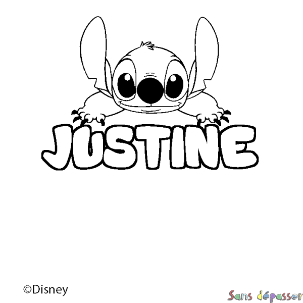 Coloriage pr&eacute;nom JUSTINE - d&eacute;cor Stitch