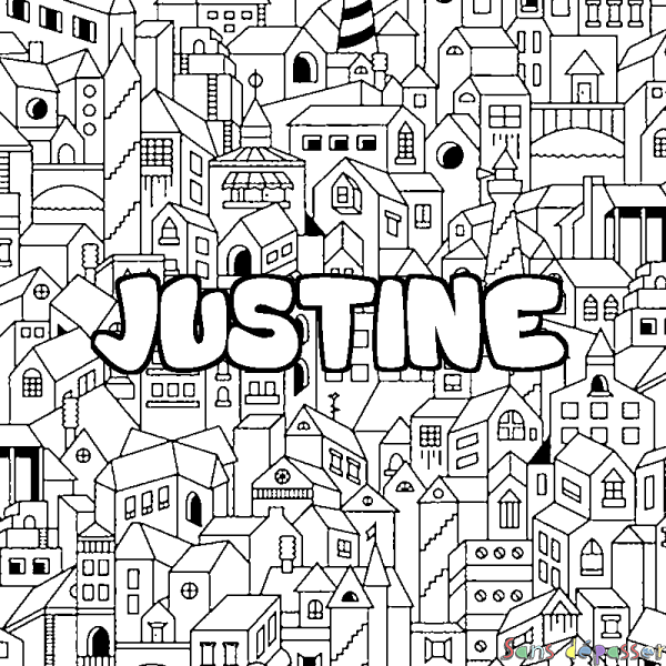 Coloriage pr&eacute;nom JUSTINE - d&eacute;cor Ville