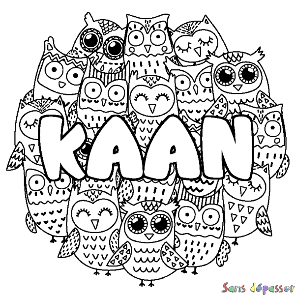 Coloriage pr&eacute;nom KAAN - d&eacute;cor Chouettes