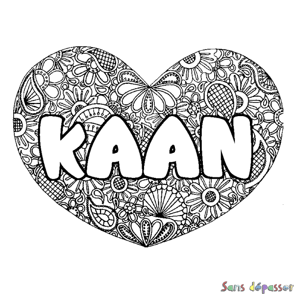 Coloriage pr&eacute;nom KAAN - d&eacute;cor Mandala coeur