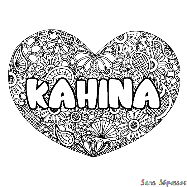 Coloriage prénom KAHINA - d&eacute;cor Mandala coeur