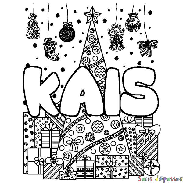 Coloriage prénom KAIS - d&eacute;cor Sapin et Cadeaux