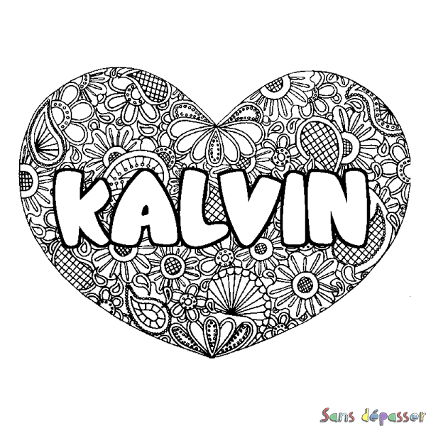 Coloriage pr&eacute;nom KALVIN - d&eacute;cor Mandala coeur