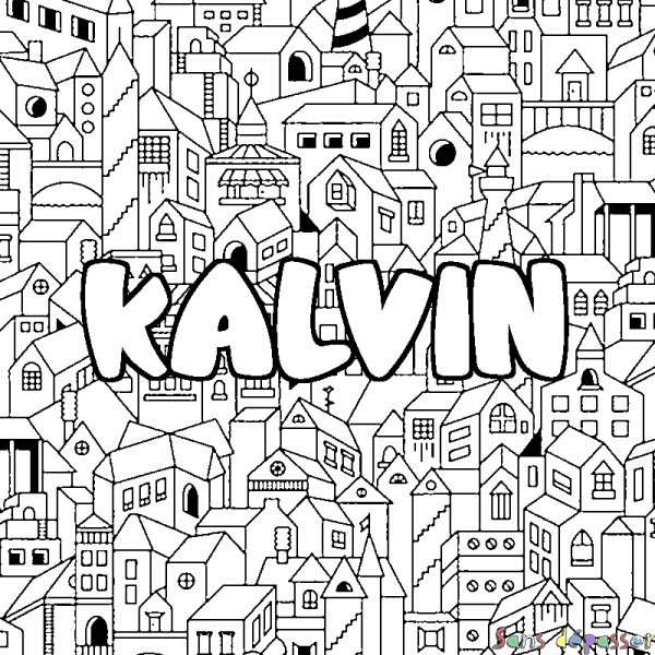Coloriage pr&eacute;nom KALVIN - d&eacute;cor Ville