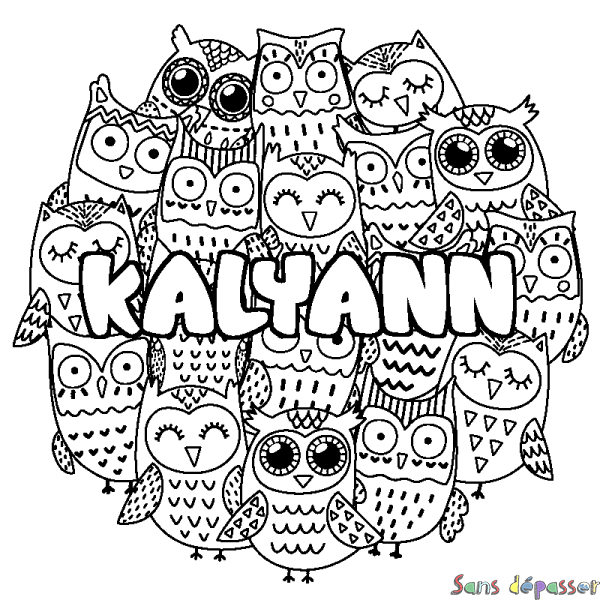 Coloriage pr&eacute;nom KALYANN - d&eacute;cor Chouettes