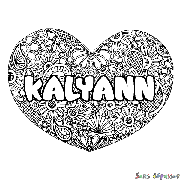 Coloriage pr&eacute;nom KALYANN - d&eacute;cor Mandala coeur