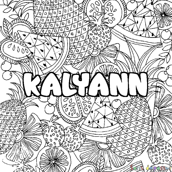 Coloriage pr&eacute;nom KALYANN - d&eacute;cor Mandala fruits