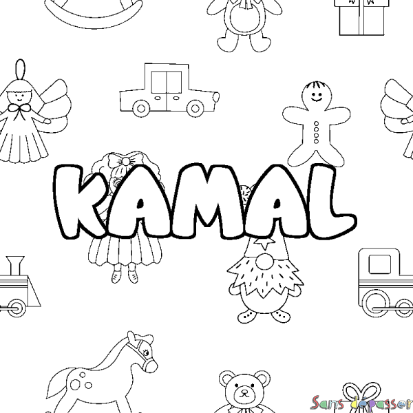 Coloriage pr&eacute;nom KAMAL - d&eacute;cor Jouets