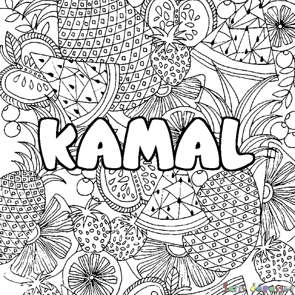 Coloriage pr&eacute;nom KAMAL - d&eacute;cor Mandala fruits
