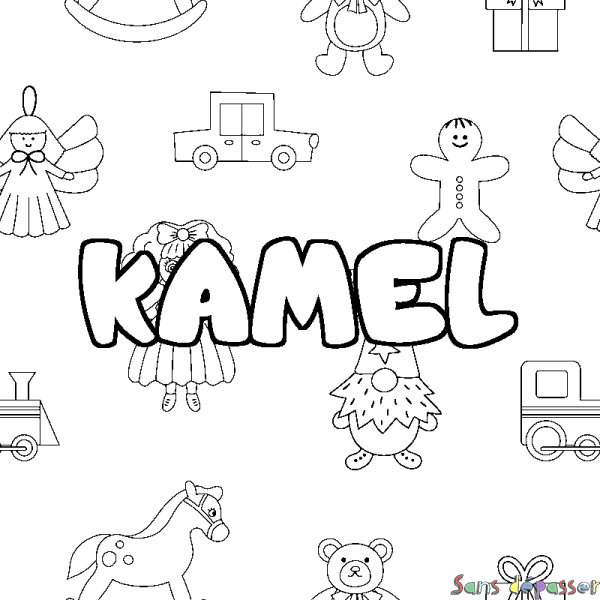 Coloriage pr&eacute;nom KAMEL - d&eacute;cor Jouets