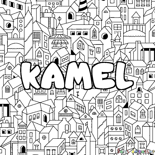Coloriage prénom KAMEL - d&eacute;cor Ville