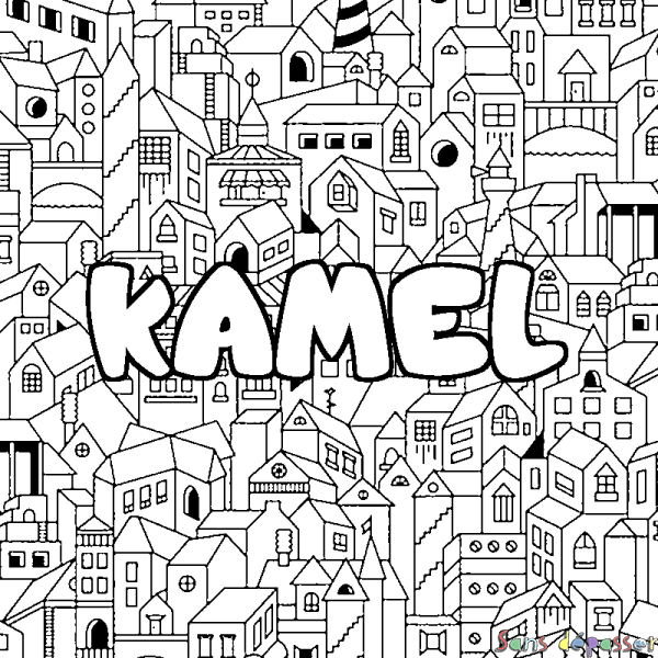 Coloriage pr&eacute;nom KAMEL - d&eacute;cor Ville