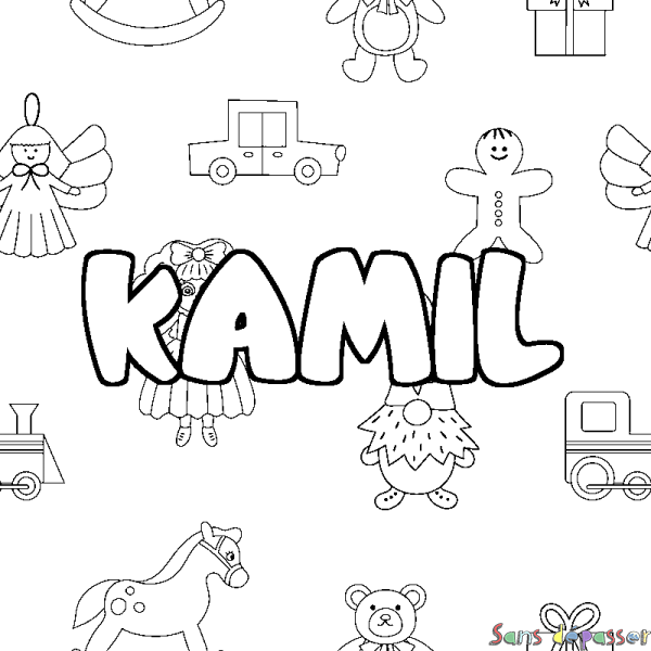 Coloriage pr&eacute;nom KAMIL - d&eacute;cor Jouets
