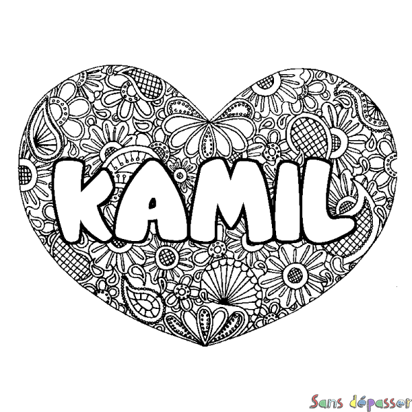Coloriage prénom KAMIL - d&eacute;cor Mandala coeur