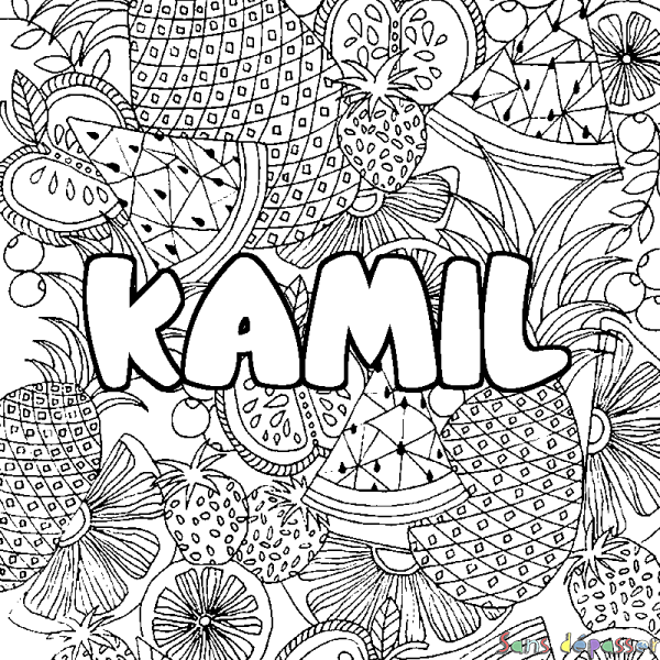 Coloriage prénom KAMIL - d&eacute;cor Mandala fruits