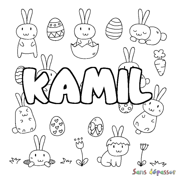 Coloriage pr&eacute;nom KAMIL - d&eacute;cor Paques