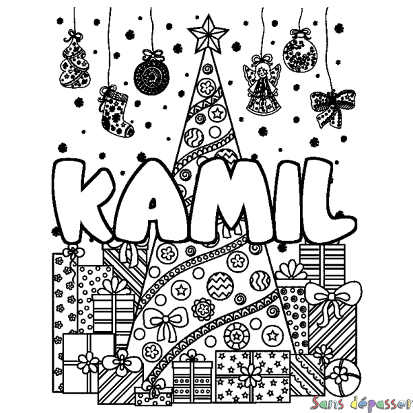 Coloriage prénom KAMIL - d&eacute;cor Sapin et Cadeaux