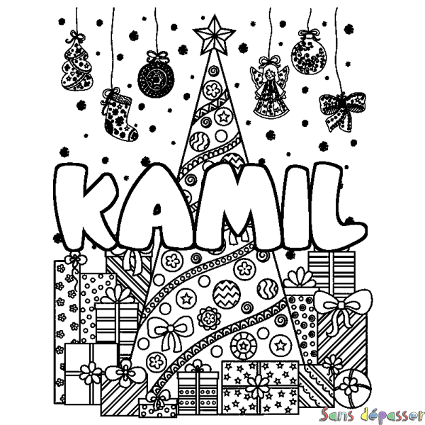 Coloriage pr&eacute;nom KAMIL - d&eacute;cor Sapin et Cadeaux