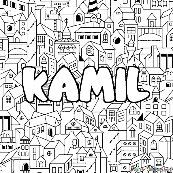 Coloriage prénom KAMIL - d&eacute;cor Ville