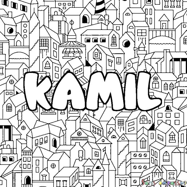 Coloriage pr&eacute;nom KAMIL - d&eacute;cor Ville