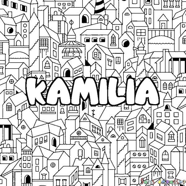 Coloriage prénom KAMILIA - d&eacute;cor Ville