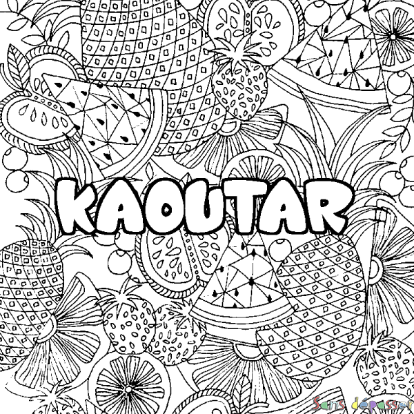 Coloriage pr&eacute;nom KAOUTAR - d&eacute;cor Mandala fruits