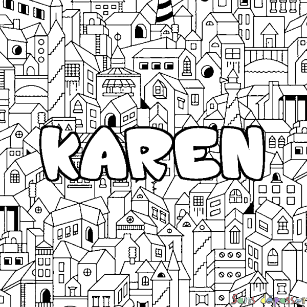Coloriage pr&eacute;nom KAREN - d&eacute;cor Ville
