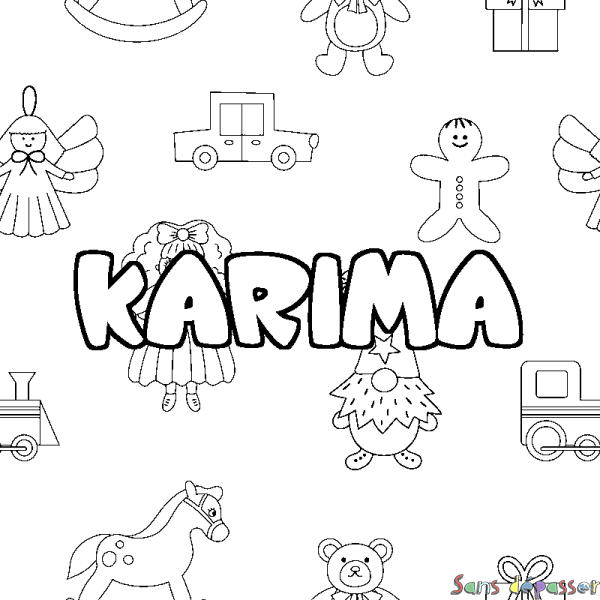 Coloriage pr&eacute;nom KARIMA - d&eacute;cor Jouets