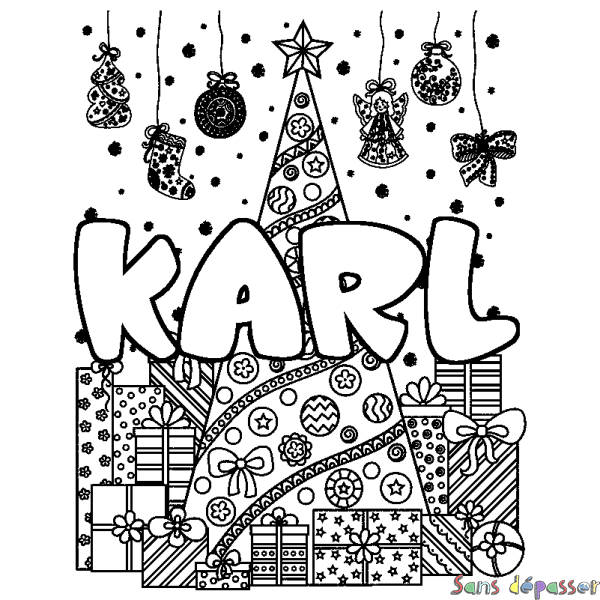 Coloriage prénom KARL - d&eacute;cor Sapin et Cadeaux