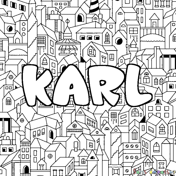 Coloriage pr&eacute;nom KARL - d&eacute;cor Ville