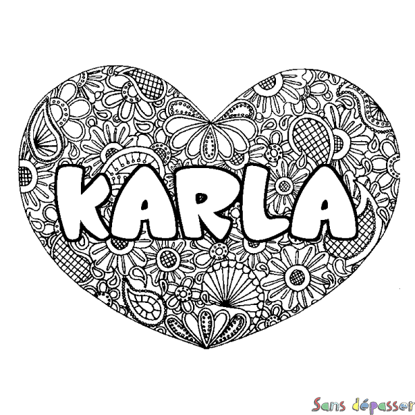 Coloriage pr&eacute;nom KARLA - d&eacute;cor Mandala coeur