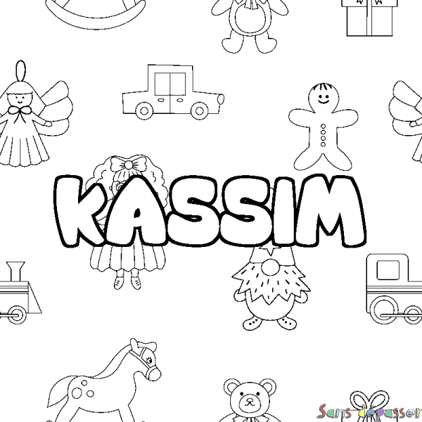 Coloriage pr&eacute;nom KASSIM - d&eacute;cor Jouets