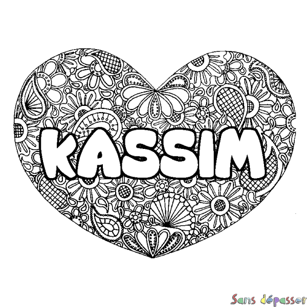 Coloriage prénom KASSIM - d&eacute;cor Mandala coeur