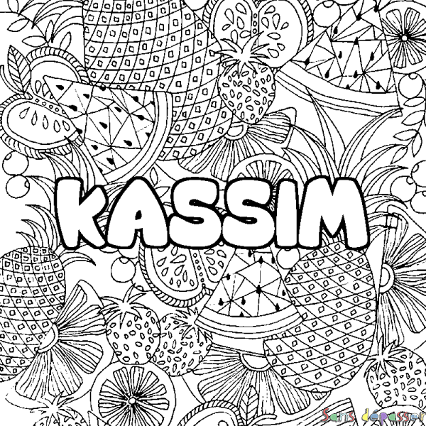 Coloriage pr&eacute;nom KASSIM - d&eacute;cor Mandala fruits