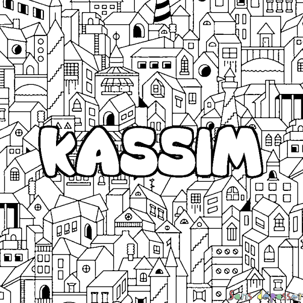Coloriage pr&eacute;nom KASSIM - d&eacute;cor Ville