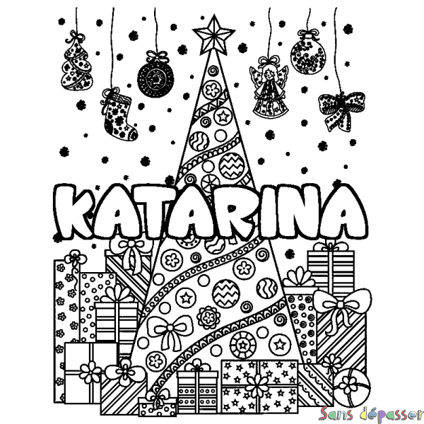 Coloriage prénom KATARINA - d&eacute;cor Sapin et Cadeaux